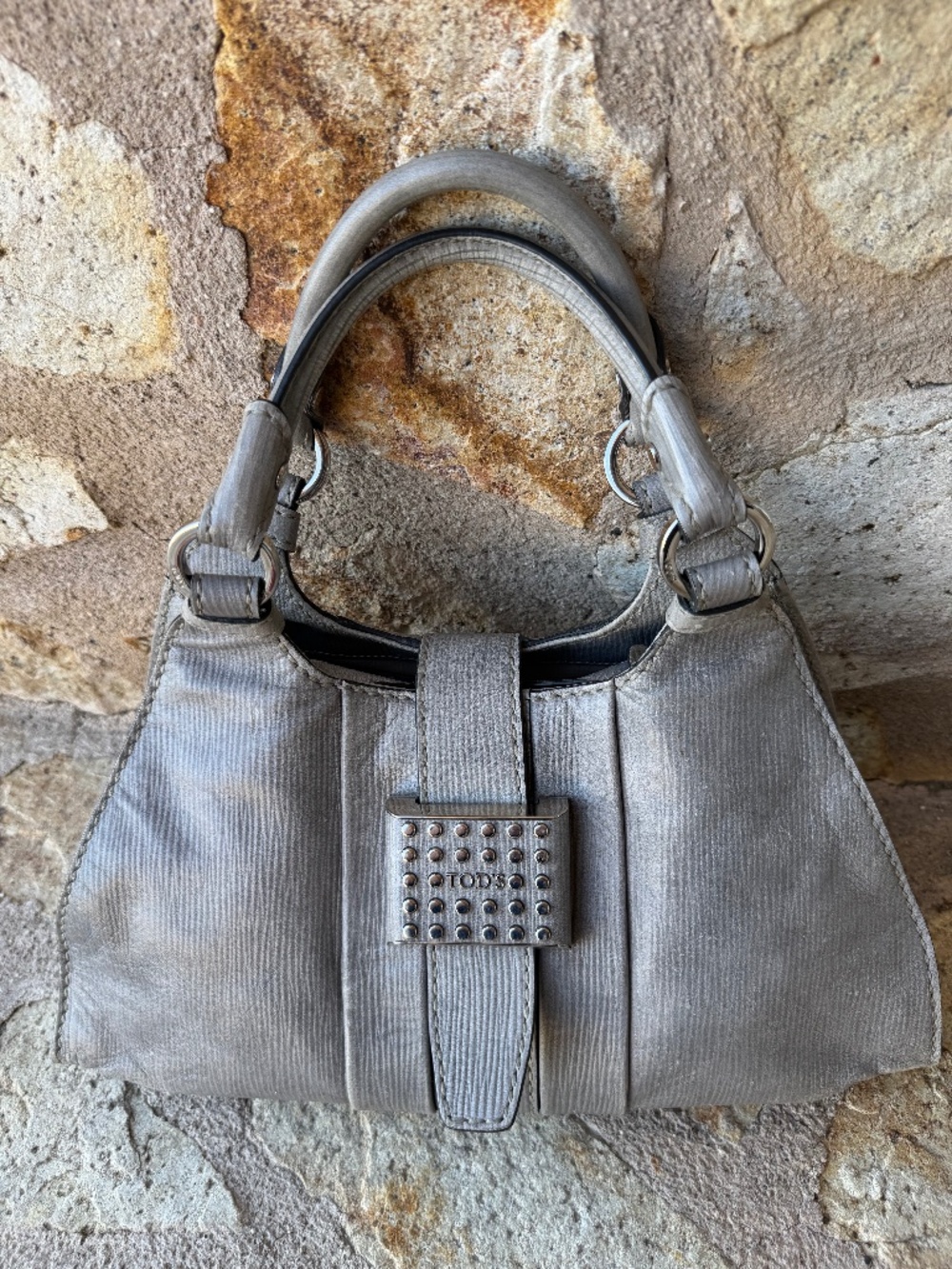 Authentic vintage TOD'S Taupe Gray Leather Stud-Accent Shoulder Bag.